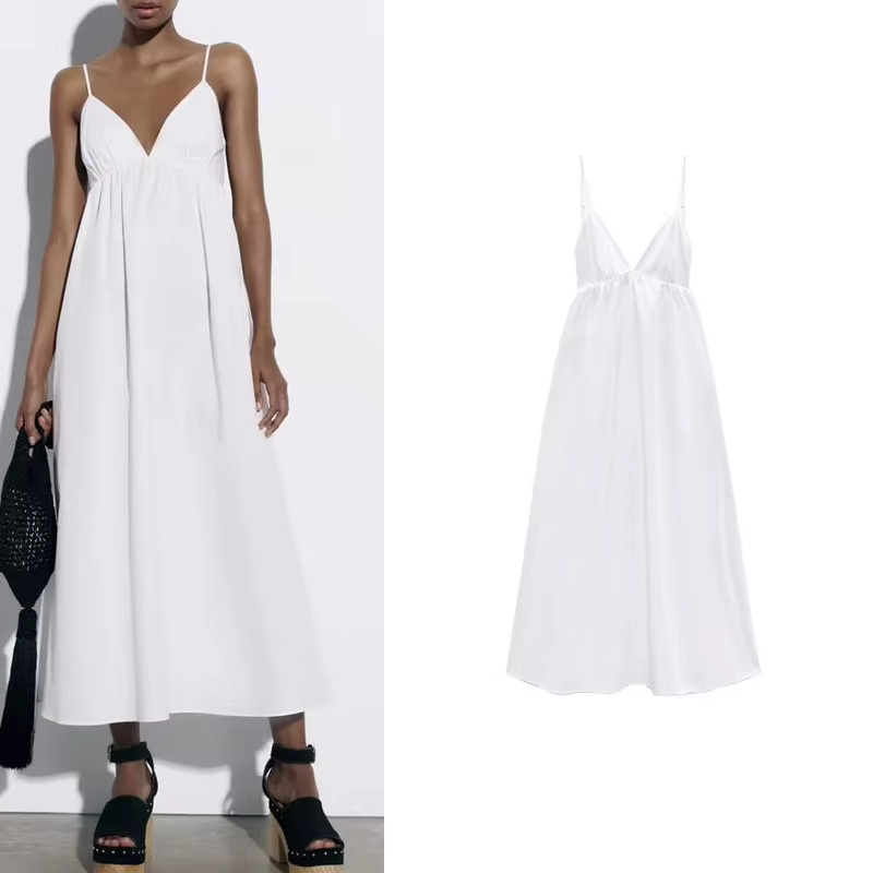 Vestido Midi Branco com Alças e Decote em V | Varelle