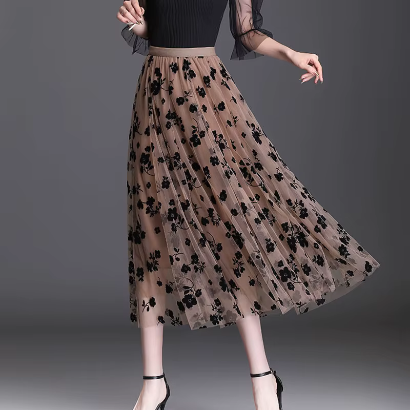 Saia Midi de Tule Bordada Floral Estilo Coreano | Varelle