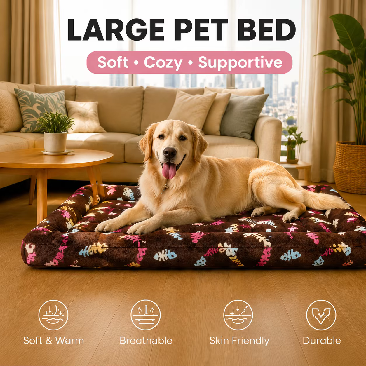 Cama Grande para Cães · Flanela Estampada com Enchimento de Algodão PP | Varelle