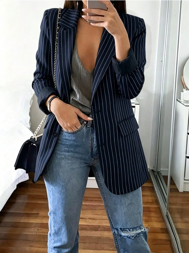 Blazer Feminino Risca de Giz Azul | Varelle